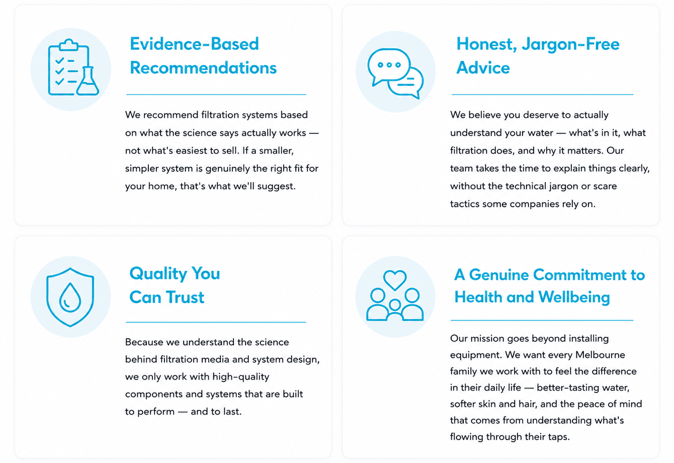 Benefits of Perfect Water Filtration including evidence-based recommendations, honest advice, quality systems and healthier water